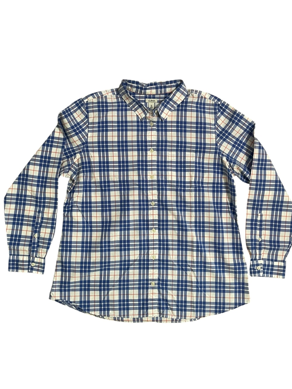 L.L. Bean Blue, White and Tan Plaid Button-Down Shirt. XL 100% Cotton